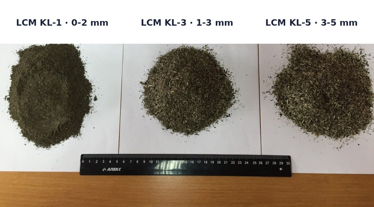 BPMD plant-based LCM grades KL-1 (0–2 mm), KL-3 (1–3 mm) and KL-5 (3–5 mm) from sunflower husk, shown with a 30 cm ruler for scale